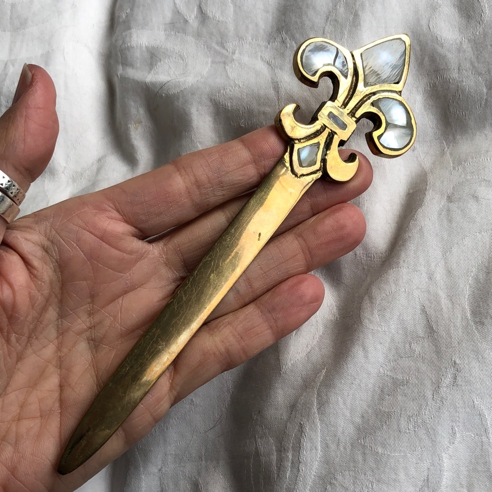 Brass Fleur-de-Lis Shell Inlaid Letter Opener Renaissance Medieval Desk Gift